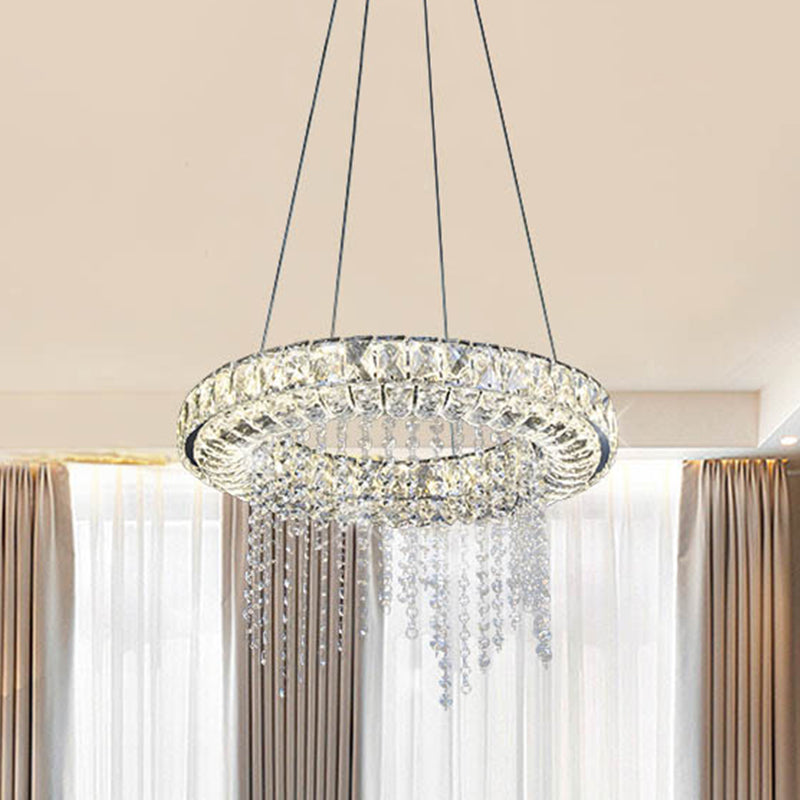 Minimalist Hoop Chandelier Pendant Clear Crystal LED Suspension Light with Fringe