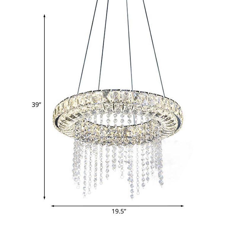 Minimalist Hoop Chandelier Pendant Clear Crystal LED Suspension Light with Fringe