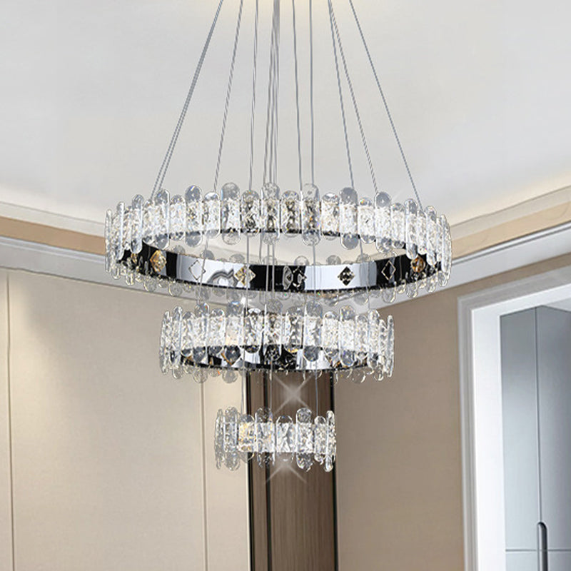 Crystal Embedded Chrome Chandelier 3-Tiered Circle Contemporary LED Pendant Light Fixture