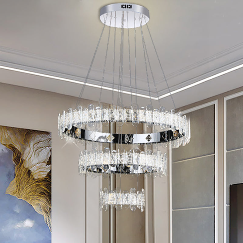 Crystal Embedded Chrome Chandelier 3-Tiered Circle Contemporary LED Pendant Light Fixture