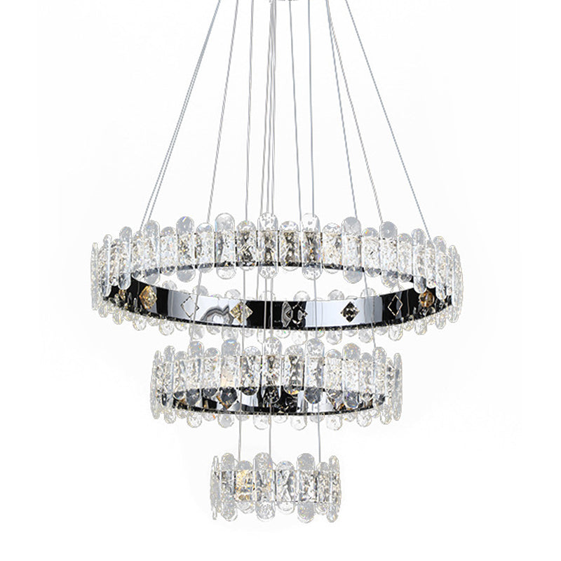 Crystal Embedded Chrome Chandelier 3-Tiered Circle Contemporary LED Pendant Light Fixture