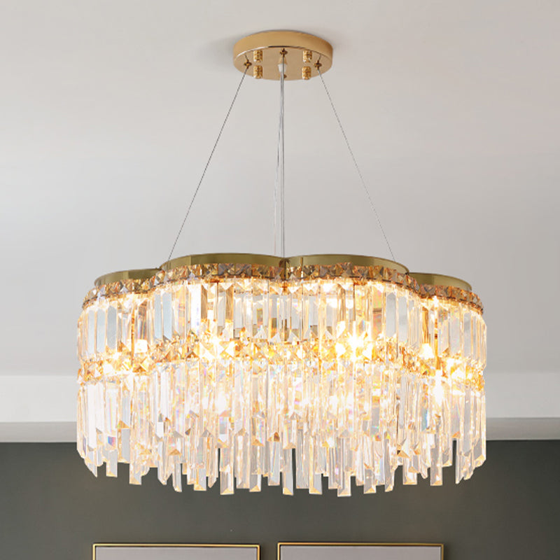 6-Light Floral Drum Chandelier Postmodern Gold Tri-Sided Crystal Rod Hanging Ceiling Light