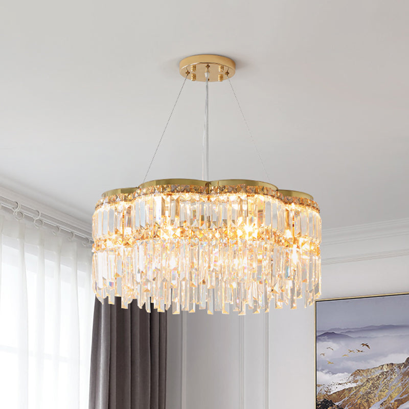 6-Light Floral Drum Chandelier Postmodern Gold Tri-Sided Crystal Rod Hanging Ceiling Light