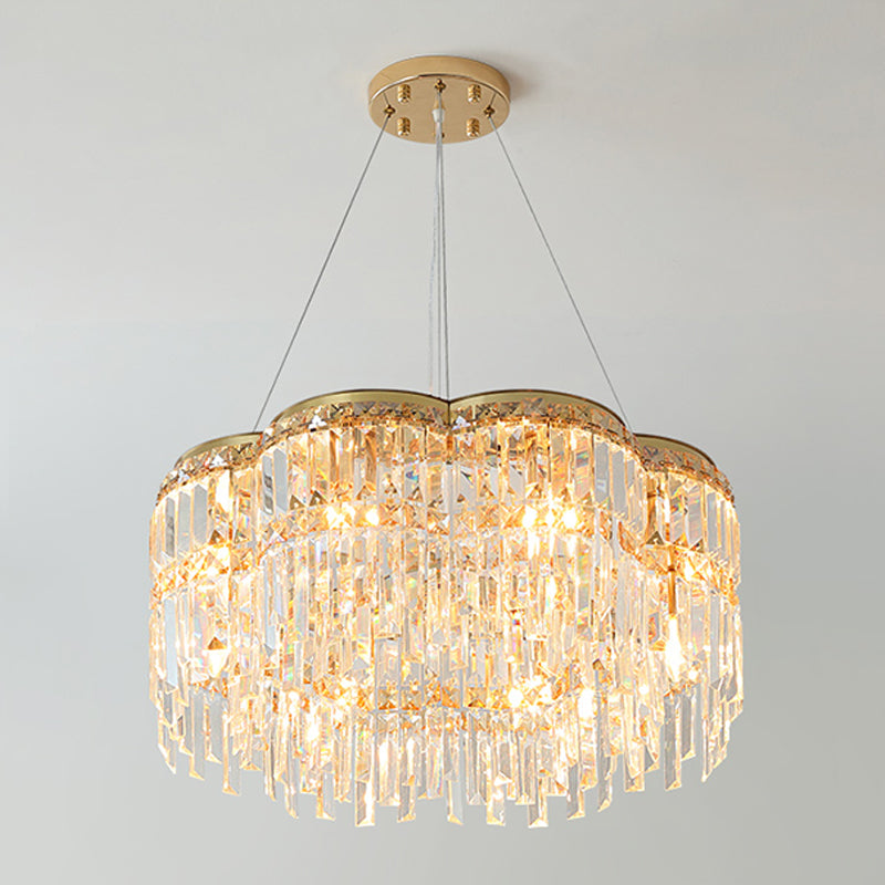 6-Light Floral Drum Chandelier Postmodern Gold Tri-Sided Crystal Rod Hanging Ceiling Light