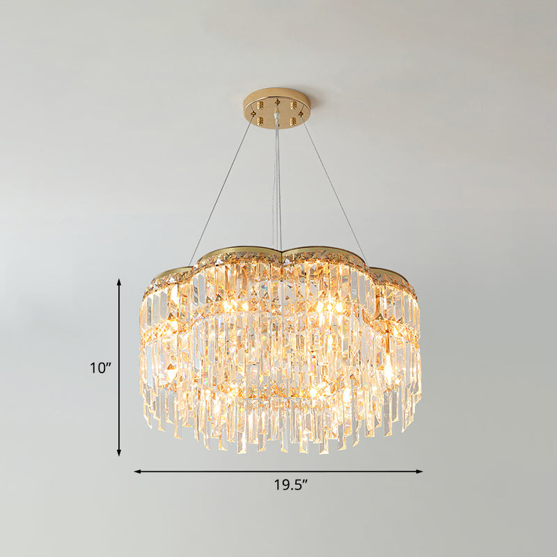 6-Light Floral Drum Chandelier Postmodern Gold Tri-Sided Crystal Rod Hanging Ceiling Light