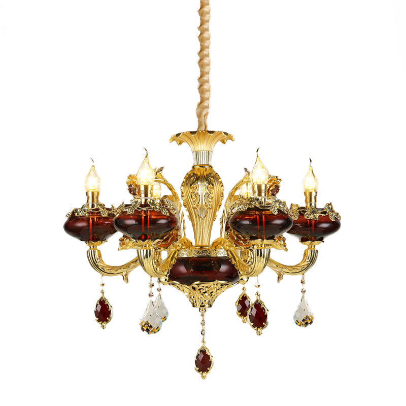 Red Glass Candelabra Chandelier Vintage 6-Head Suspended Lighting Fixture over Dining Table