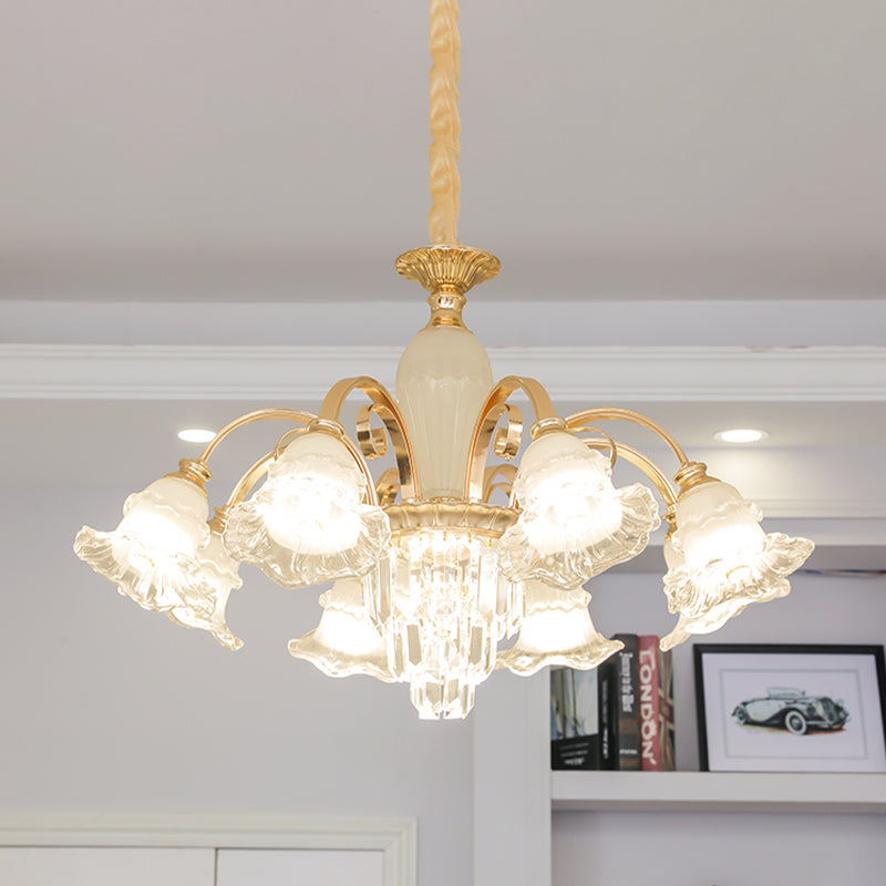 Gold 8 Lights Ceiling Pendant Modern Clear and Frosted Glass Flower Chandelier with Crystal Accent