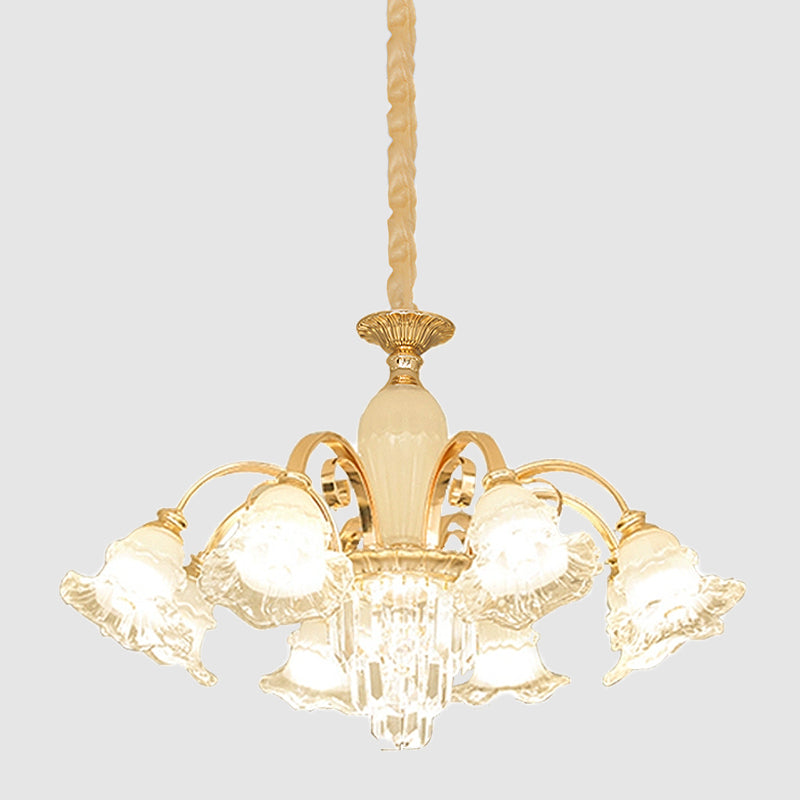 Gold 8 Lights Ceiling Pendant Modern Clear and Frosted Glass Flower Chandelier with Crystal Accent