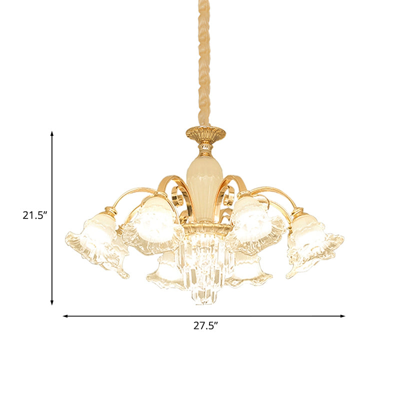 Gold 8 Lights Ceiling Pendant Modern Clear and Frosted Glass Flower Chandelier with Crystal Accent