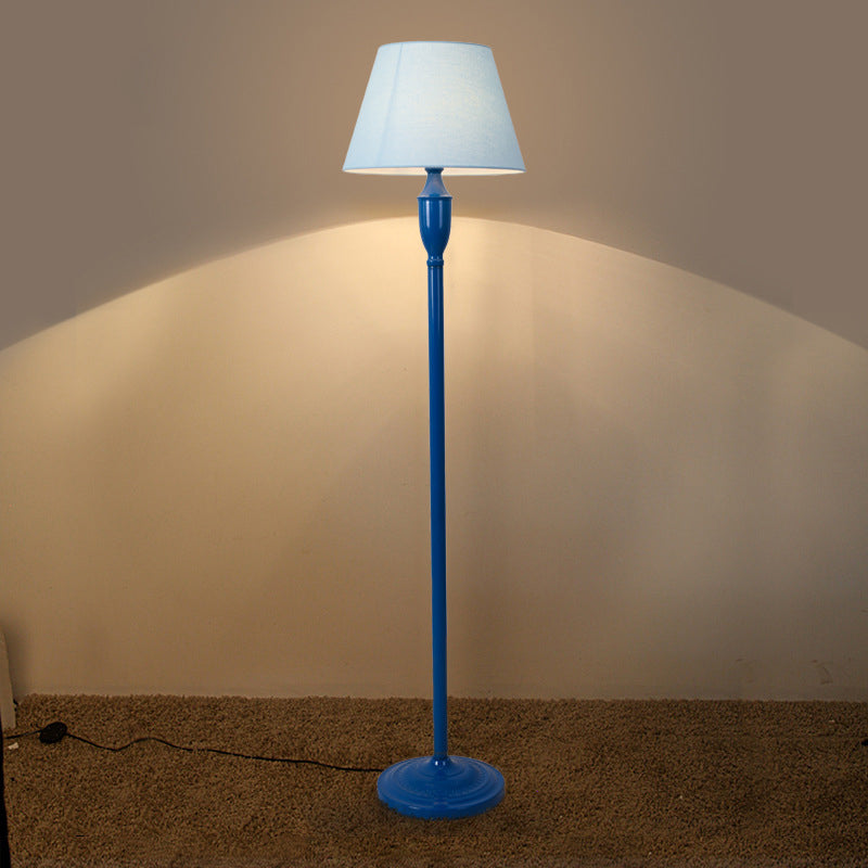 Blue 1 Bulb Floor Standing Lamp Vintage Style Fabric Barrel Shaped Floor Light for Bedroom