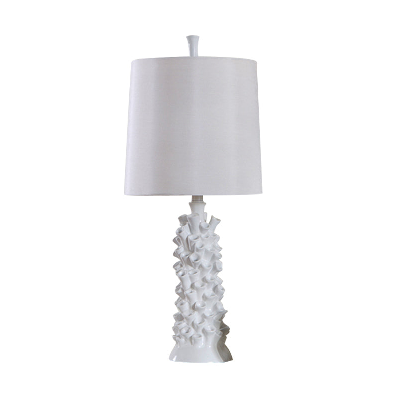 Barrel Shade Night Table Lamp Antiqued 1 Head Fabric Desk Light in White with Resin Base