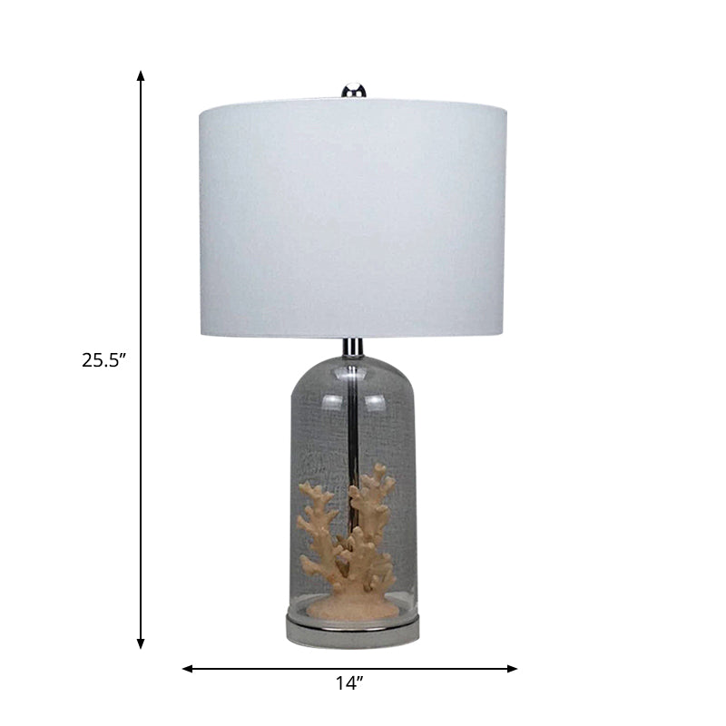 Antiquierstil Drum Shade Tisch Licht Stoff 1-Licht-Nachttischlampe in Weiß mit zylindrischer Glasbasis