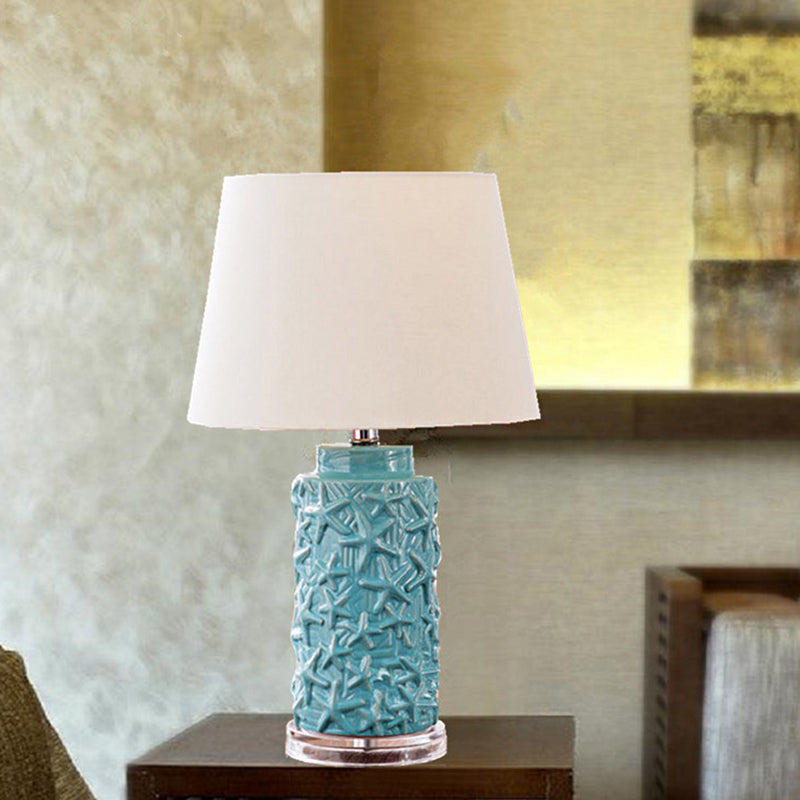 Blue Barrel Shade Desk Light Traditional Fabric 1 Light Study Room Nightstand Lamp for Bedroom