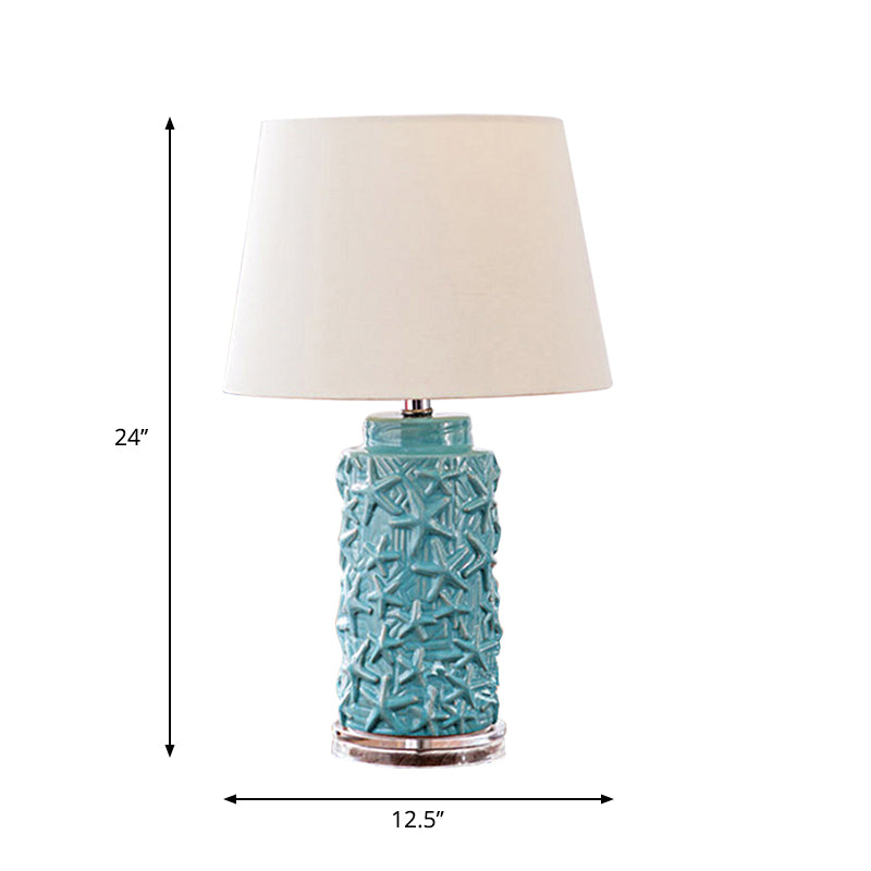 Blue Barrel Shade Desk Light Traditional Fabric 1 Light Study Room Nightstand Lamp for Bedroom