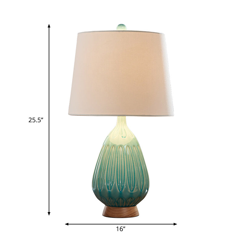 Raindrop-Like Porcelain Nightstand Lamp Retro 1 Bulb Bedside Table Light in Green with Barrel Fabric Shade