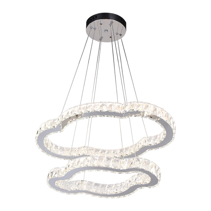 Chrome Finish LED Chandelier Simple Inlaid Crystal 2-Tier Cloud Shaped Pendant Light Kit, Warm/White Light