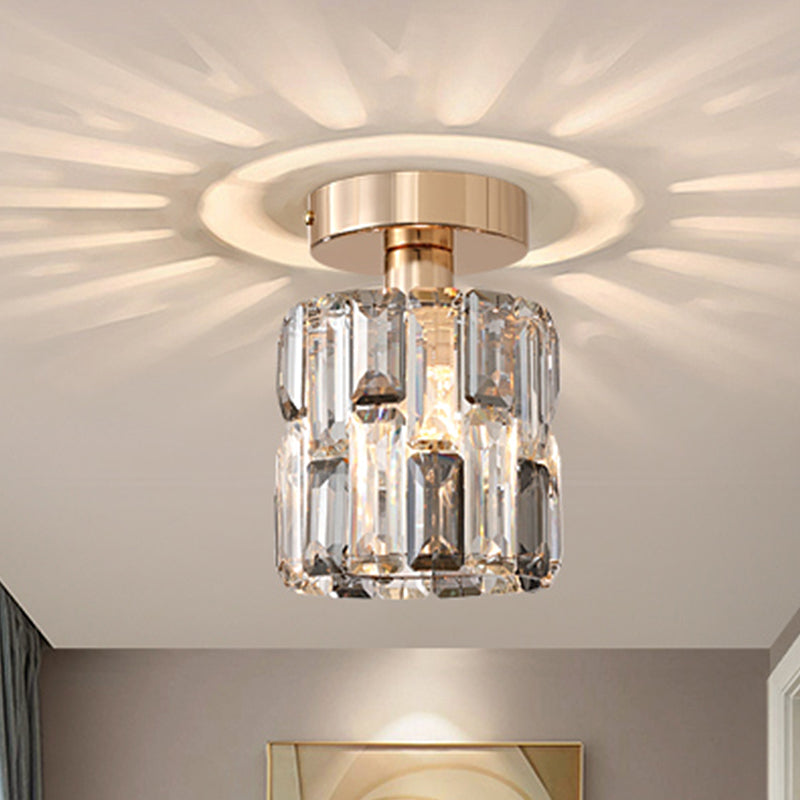 1 Bulb Cylinder Small Flush Light Postmodern Clear/Smoke Grey Crystal Semi Flush Mount Ceiling Light