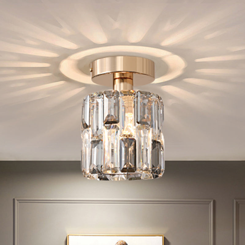 1 Bulb Cylinder Small Flush Light Postmodern Clear/Smoke Grey Crystal Semi Flush Mount Ceiling Light