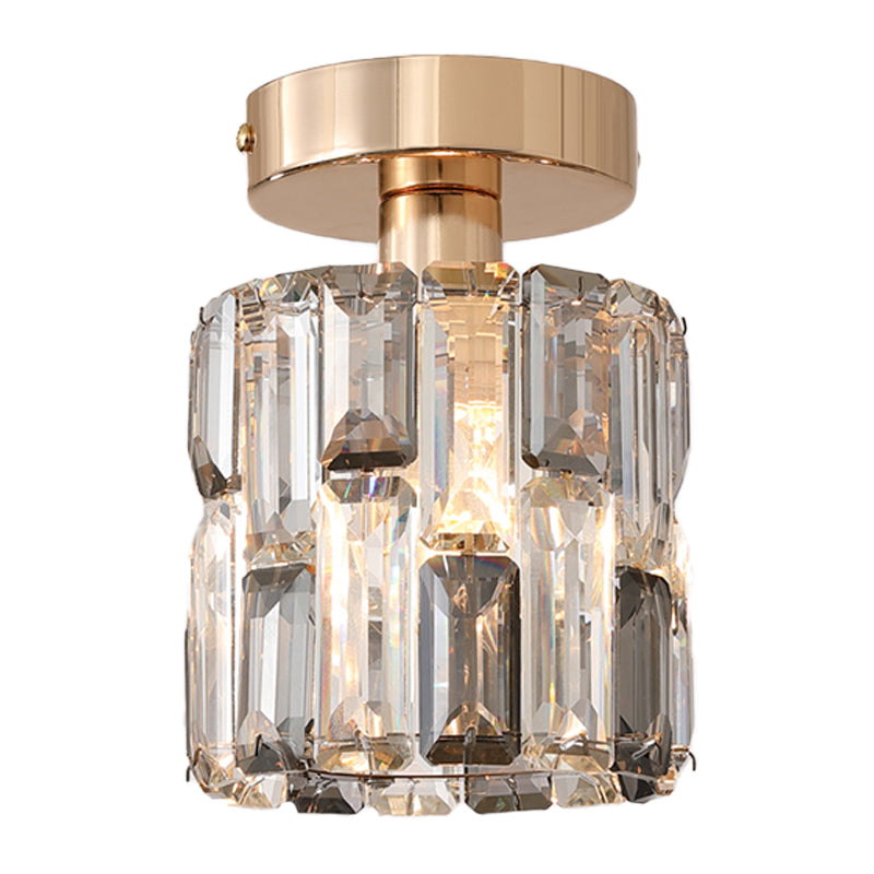 1 Bulb Cylinder Small Flush Light Postmodern Clear/Smoke Grey Crystal Semi Flush Mount Ceiling Light