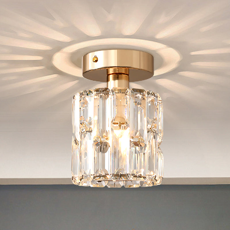 1 Bulb Cylinder Small Flush Light Postmodern Clear/Smoke Grey Crystal Semi Flush Mount Ceiling Light