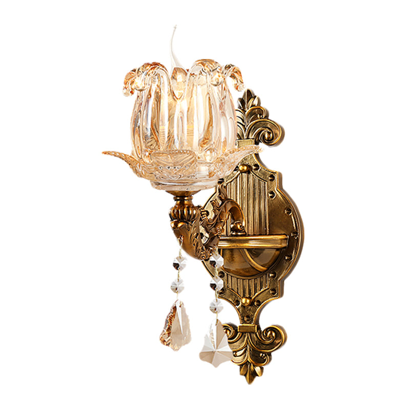 Antiqued Brass 1/2-Light Sconce Light Traditional Crystal Flower Wall Mount Lamp for Hall