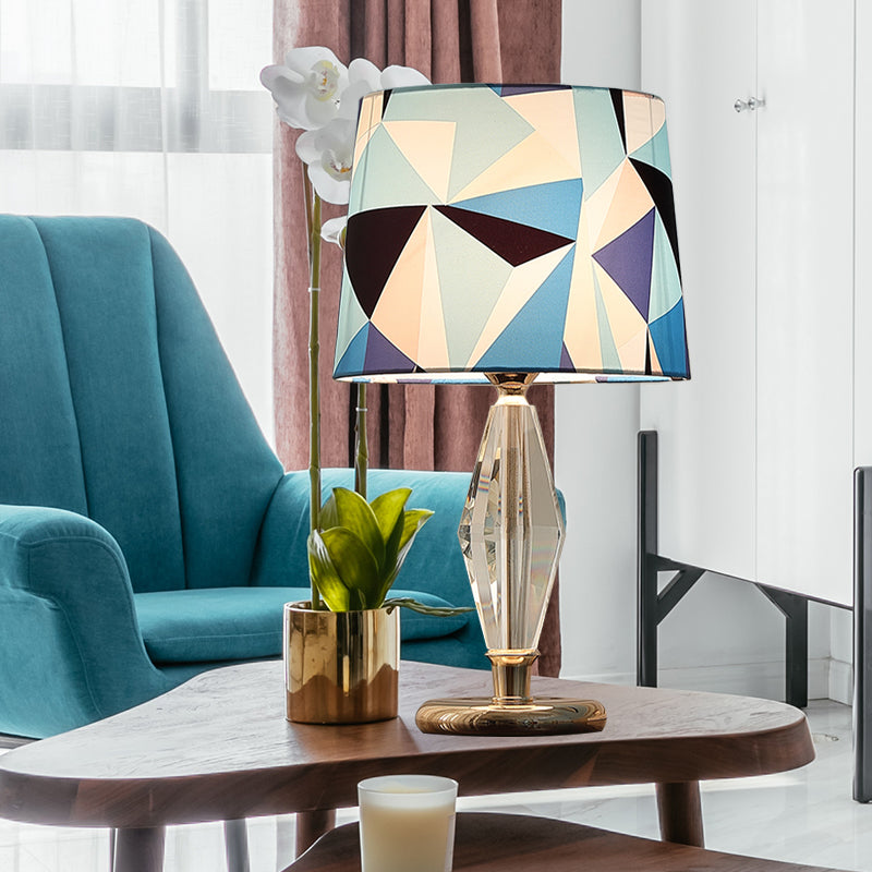 Patchwork Fabric Table Lamp Modern 1 Bulb Bedroom Nightstand Light in Blue with Crystal Accent