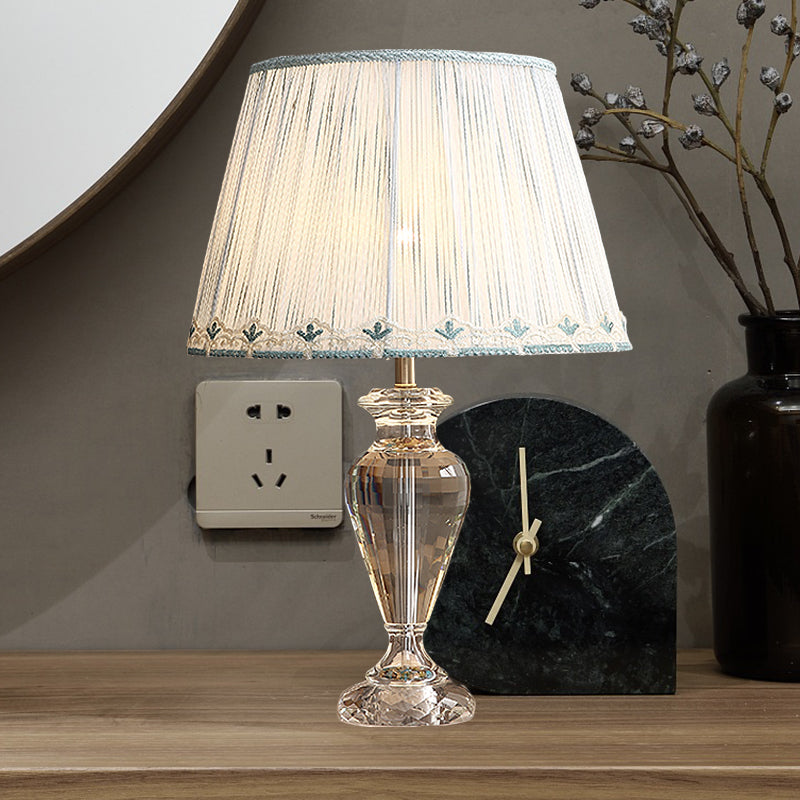 Clear Crystal Urn Night Table Light Minimalist 1 Head Living Room Nightstand Lamp with Tapered Pleated Fabric Shade