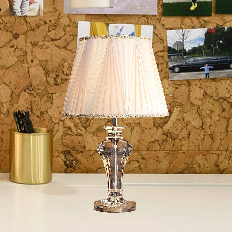 Gathered Fabric White Night Lamp Tapered Shade Single Simple Table Lighting with Vase Clear Crystal Base