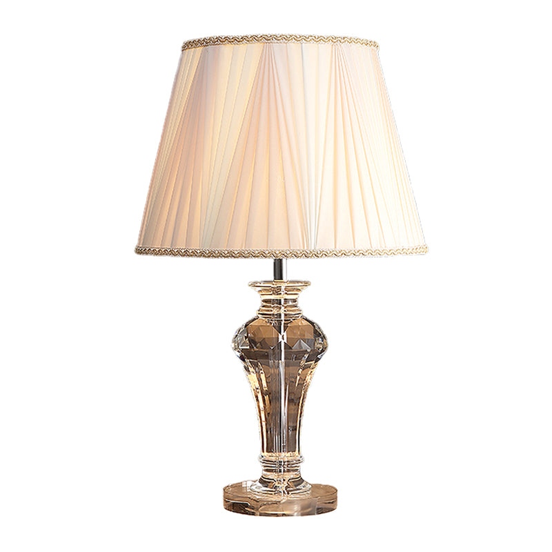 Gathered Fabric White Night Lamp Tapered Shade Single Simple Table Lighting with Vase Clear Crystal Base