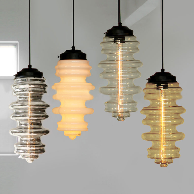 Contemporary 1 Light Pendant Light with White/Amber/Smoke Glass Shade Black Ribbed Hanging Ceiling Lamp