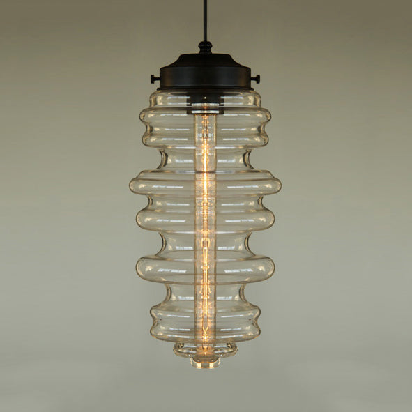 Contemporary 1 Light Pendant Light with White/Amber/Smoke Glass Shade Black Ribbed Hanging Ceiling Lamp