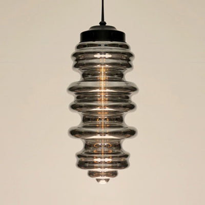 Contemporary 1 Light Pendant Light with White/Amber/Smoke Glass Shade Black Ribbed Hanging Ceiling Lamp