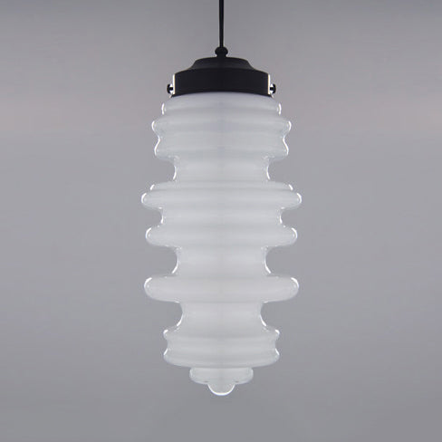 Contemporary 1 Light Pendant Light with White/Amber/Smoke Glass Shade Black Ribbed Hanging Ceiling Lamp