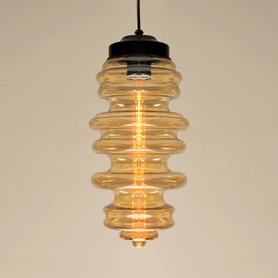 Contemporary 1 Light Pendant Light with White/Amber/Smoke Glass Shade Black Ribbed Hanging Ceiling Lamp