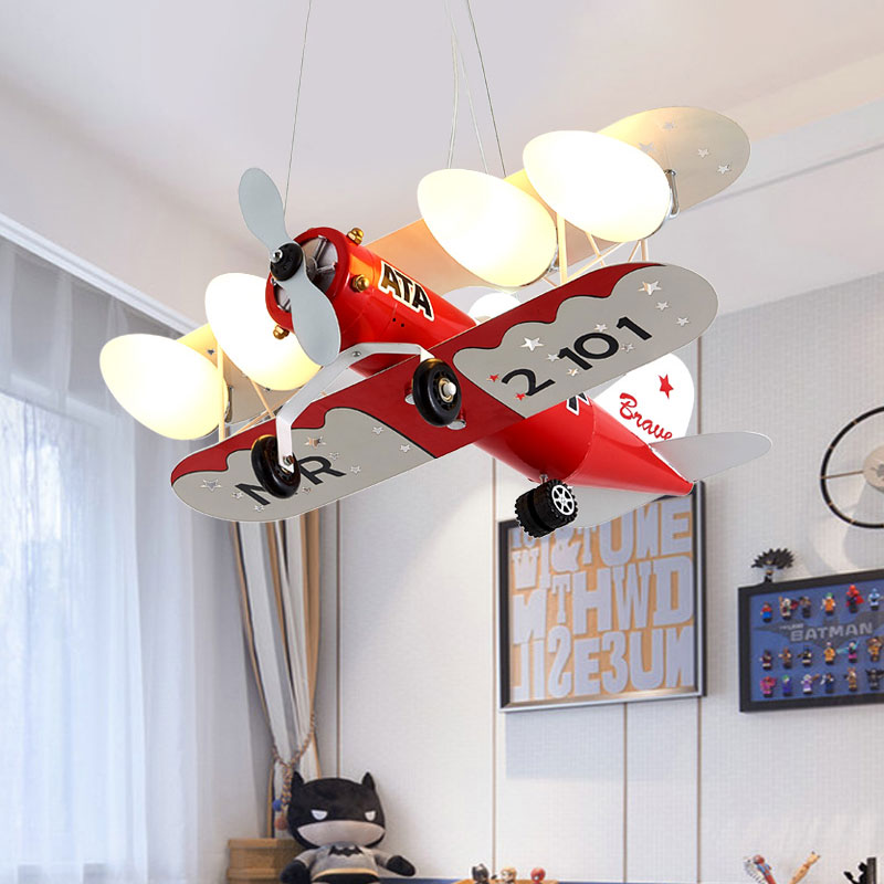 Frosted Glass Bullet Shape Chandelier Light Cartoon 4-Light Red Finish Ceiling Pendant Lamp