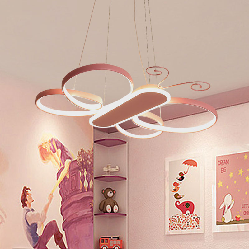 Cartoon Butterfly Frame Suspension Light Acrylic Kids Bedroom LED Chandelier Pendant Lamp in Gold/Pink