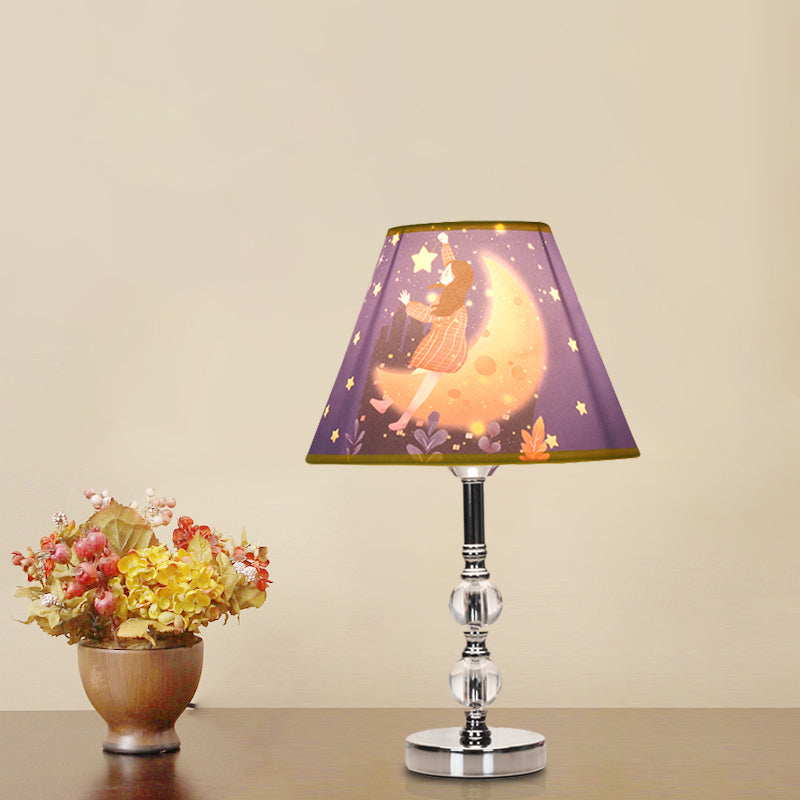 Blue Barrel Shade Table Light Cartoon 1 Bulb Fabric Desk Lamp with Girl and Starry Sky Pattern