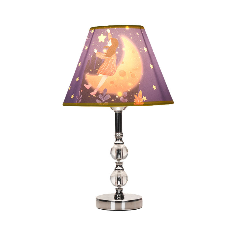 Blue Barrel Shade Table Light Cartoon 1 Bulb Fabric Desk Lamp with Girl and Starry Sky Pattern