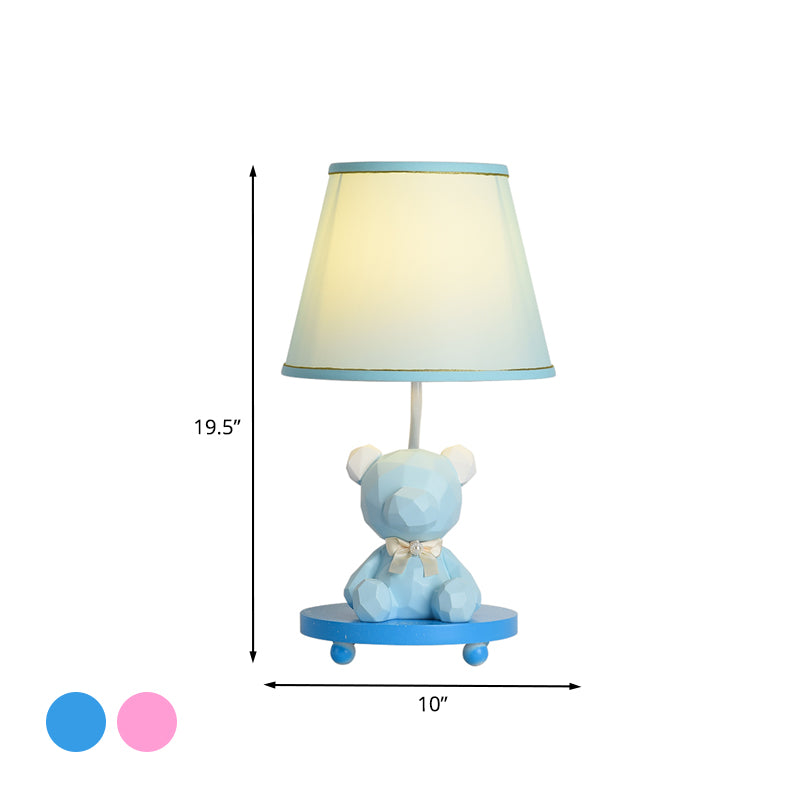 Barrel Shade Bedside Table Lamp Fabric 1 Bulb Cartoon Bear Nightstand Lighting in Blue/Pink