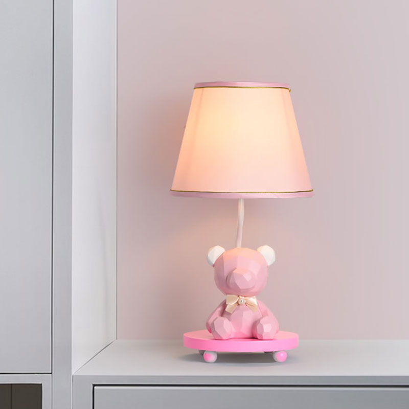 Barrel Shade Bedside Table Lamp Fabric 1 Bulb Cartoon Bear Nightstand Lighting in Blue/Pink