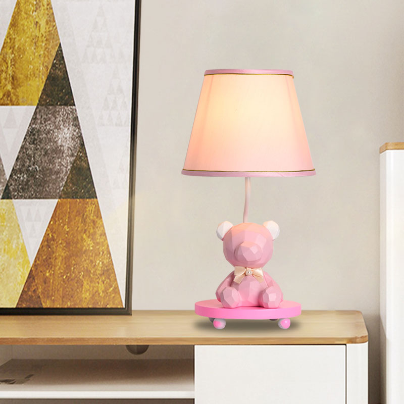 Barrel Shade Bedside Table Lamp Fabric 1 Bulb Cartoon Bear Nightstand Lighting in Blue/Pink