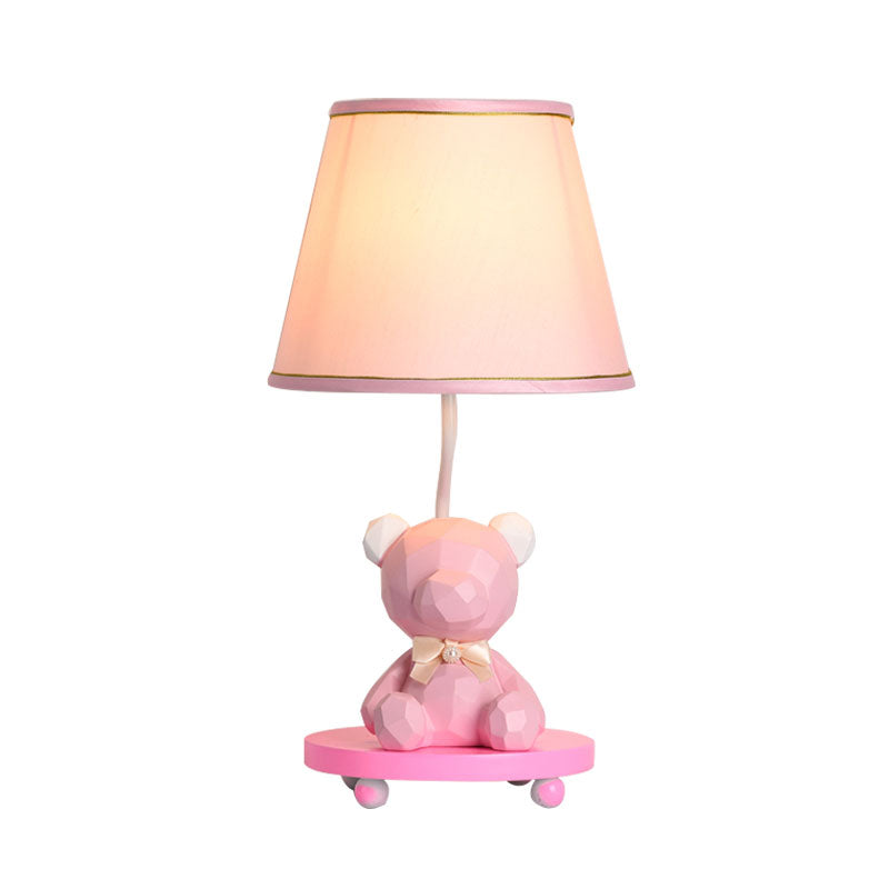 Barrel Shade Bedside Table Lamp Fabric 1 Bulb Cartoon Bear Nightstand Lighting in Blue/Pink