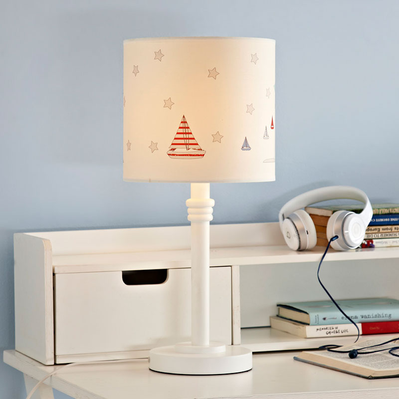 Single Bedroom Nightstand Light Cartoon White Table Lamp with Drum Patterned Fabric Shade