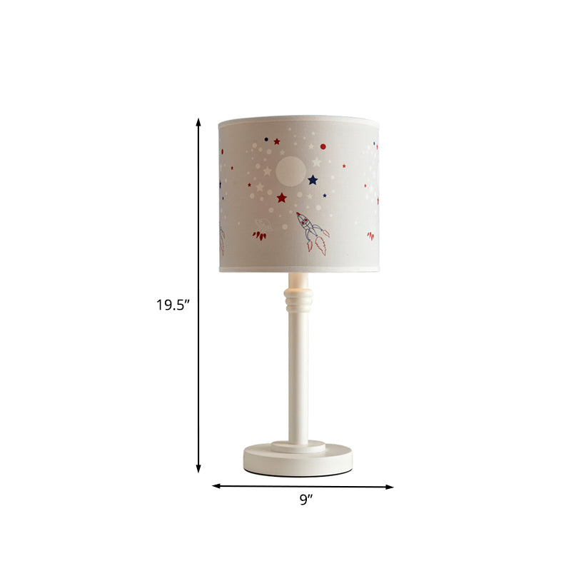 Cartoon Cylinder Shade Table Light Patterned Fabric 1 Light Study Room Reading Book Lamp in White