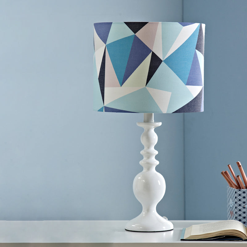 Drum Shade Night Table Light Kids Fabric 1 Head Pink/Blue Nightstand Lamp with Geometric Pattern