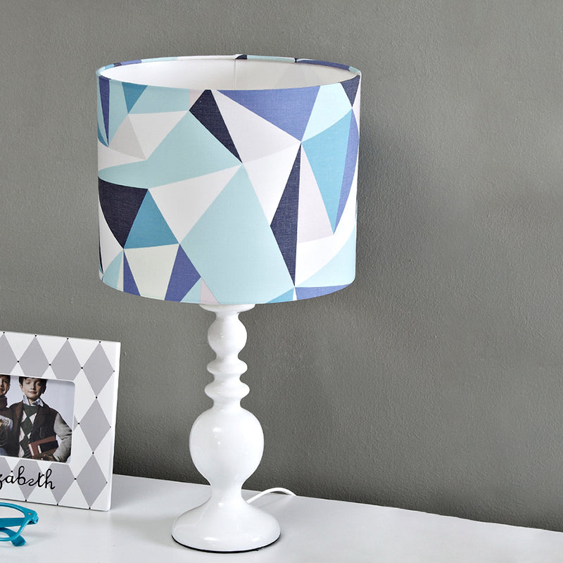 Drum Shade Night Table Light Kids Fabric 1 Head Pink/Blue Nightstand Lamp with Geometric Pattern