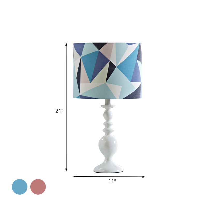 Drum Shade Night Table Light Kids Fabric 1 Head Pink/Blue Nightstand Lamp with Geometric Pattern