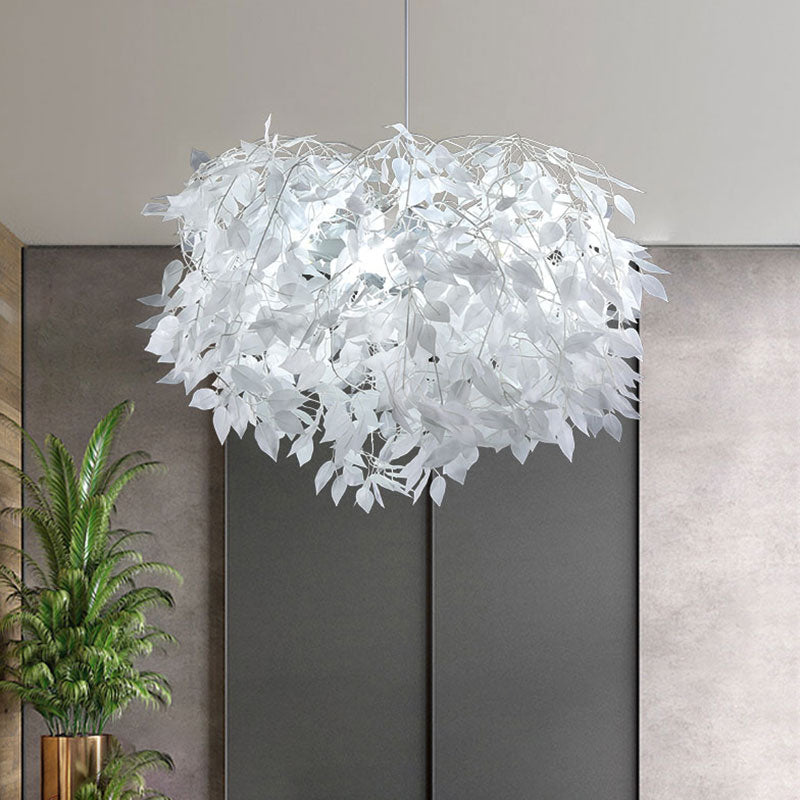 Metal Branching Ceiling Hang Fixture Nordic-Style Single White Finish Pendant with Leaf Deco