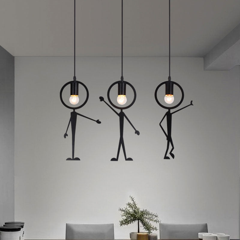 Human-Like Iron Multi Light Pendant with Bare Bulb Design Creative 3-Head Black Suspension Lamp