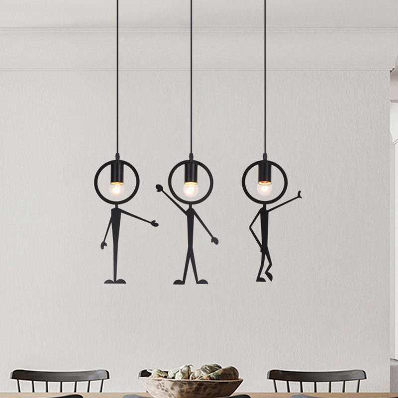 Human-Like Iron Multi Light Pendant with Bare Bulb Design Creative 3-Head Black Suspension Lamp